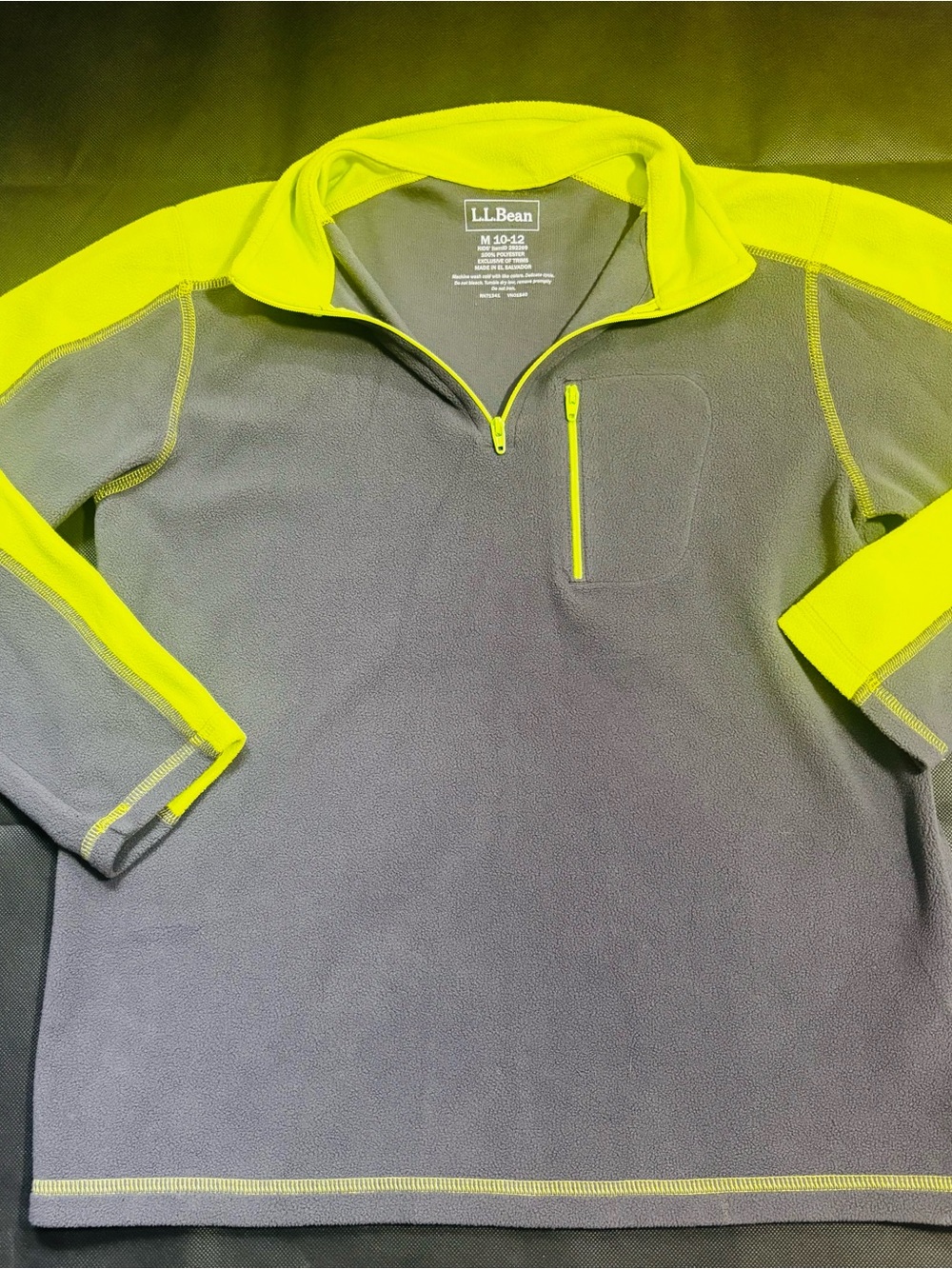 Boys L.L.Bean Fleece Quarter Zip Grey/Neon Green/Yellow Size Medium 10-12